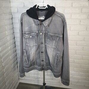 Jeaniologie Men's Size Large Button Front & Cuffs Grey Denim Jacket with Hood